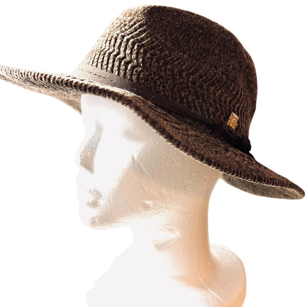 ANNE KLEIN BROWN CHENILLE KNIT FEDORA HAT, SUEDE CORD BAND, GOLD boho summer